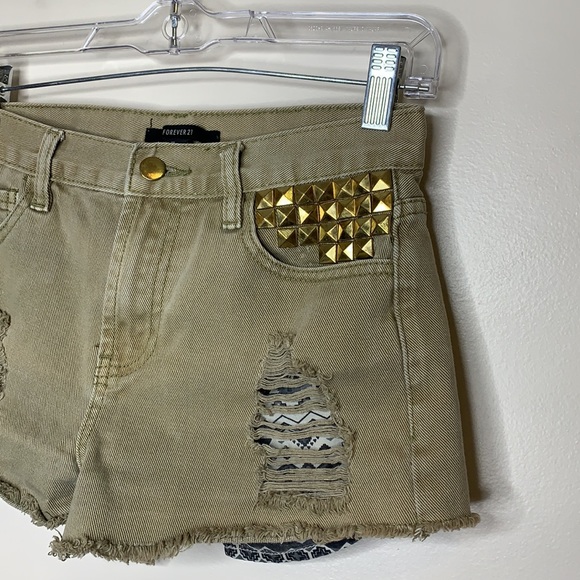 Forever 21 | Green Gold Studded Distressed Shorts - Picture 4 of 10
